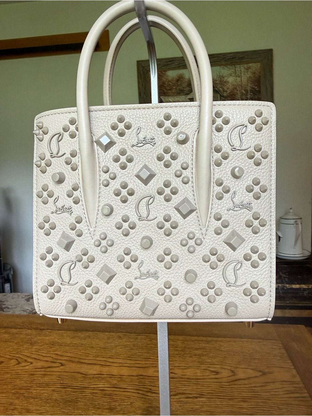 Christian Louboutin Cream Embellished Small Leather Crossbody Tote with COA